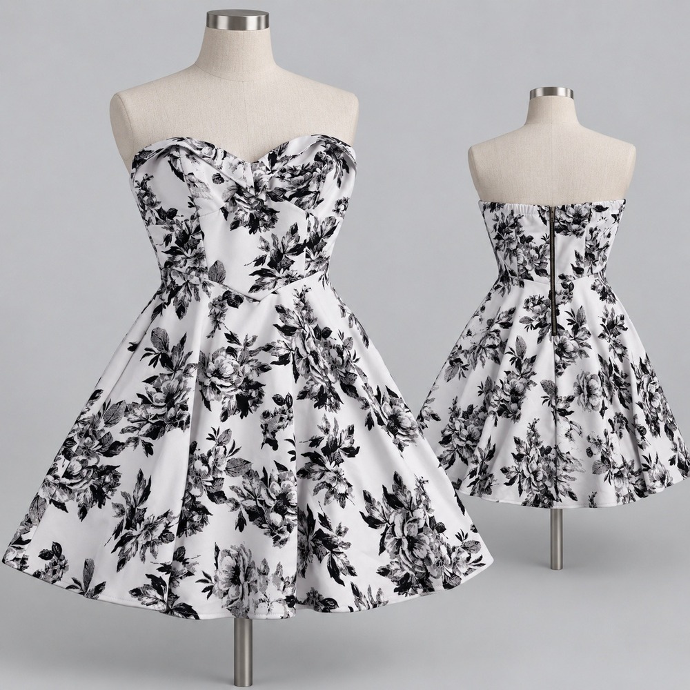 Strapless sweetheart Floral Fit Flare Mini Dress Black & White Sz 6 Emerald Sun
